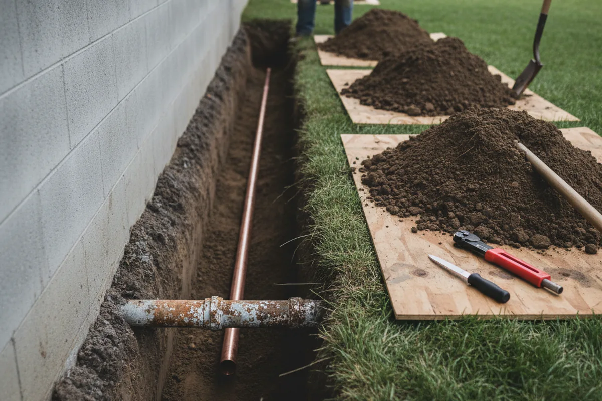 Excavated water line trench during Water Softener Installation in Loudon